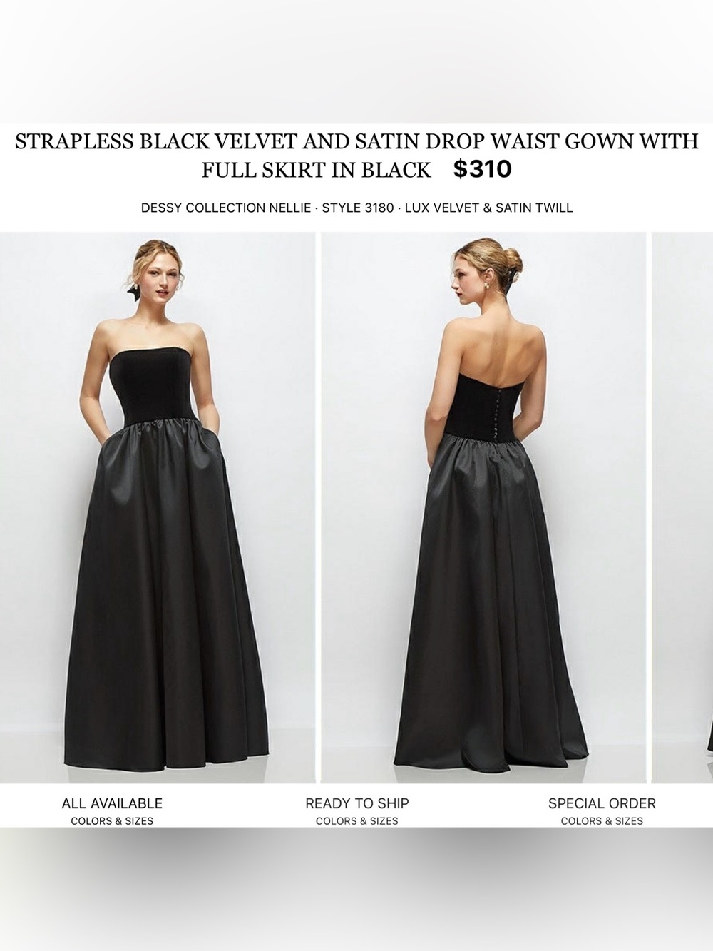 Dessy Collection Strapless Black Velvet and Satin Gown